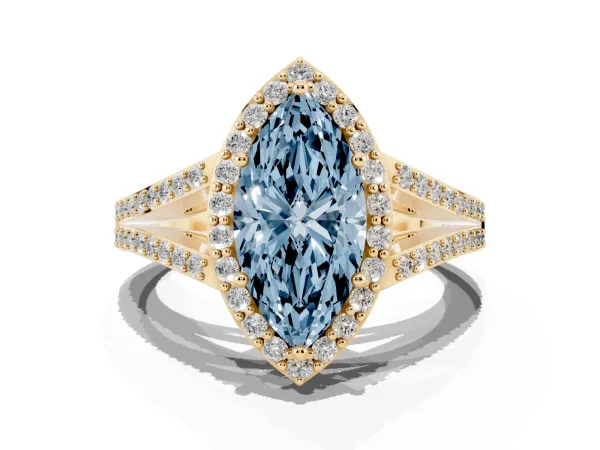 Fancy Blue Marquise Cut Halo Split Shank Pave Diamond Ring with Four-Prong Setting Yellow gold