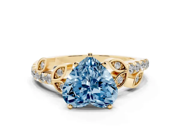 Fancy Blue Heart Cut Solitaire Leaf-Inspired Diamond Ring with Pavé Band and Four-Prong Setting Yellow gold