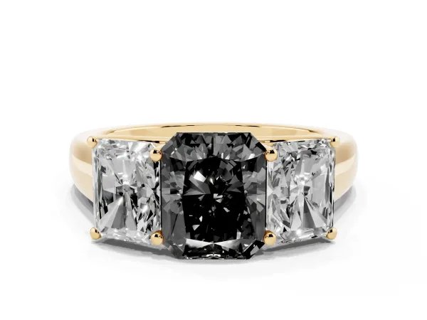 Fancy Black Radiant Cut Three-Stone Diamond Ring with Prong Setting on a Classic Band Yellow gold