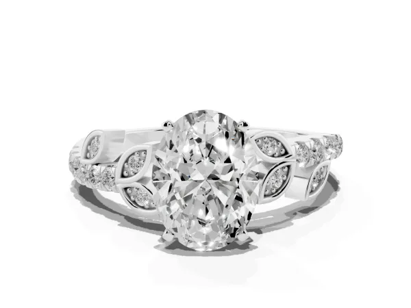 Oval Cut Solitaire Leaf-Inspired Diamond Ring with Pavé Band and Four-Prong Setting White gold