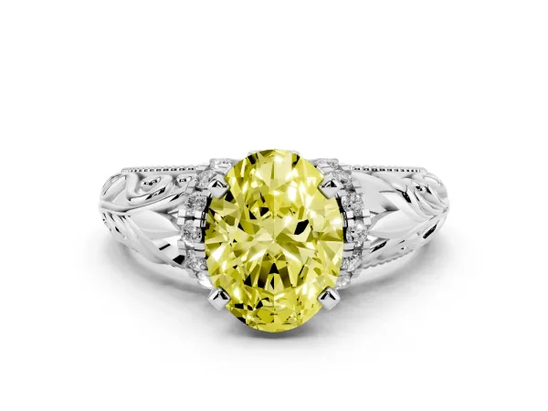 Fancy Yellow Oval Cut Solitaire Filigree Engagement Ring with Halo and Prong Setting Platinum
