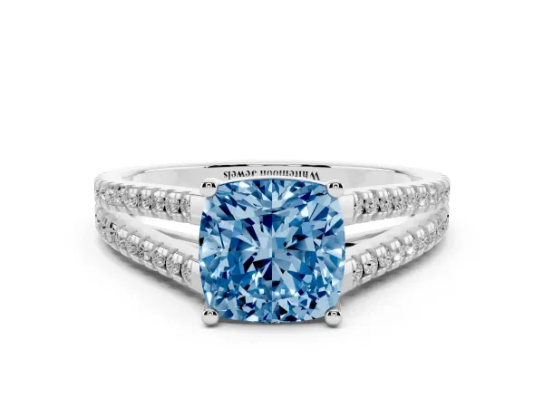 Fancy Blue Cushion Cut Diamond Solitaire Engagement Ring with Split Shank Pavé Band Platinum