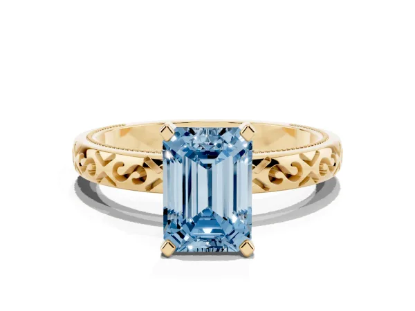 Fancy Blue Emerald Cut Solitaire Engagement Ring with Scrollwork Band and Four-Prong Setting Yellow gold