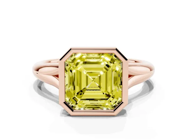 Fancy Yellow Bezel Set Asscher Cut Solitaire Diamond Ring with Smooth Band Rose gold