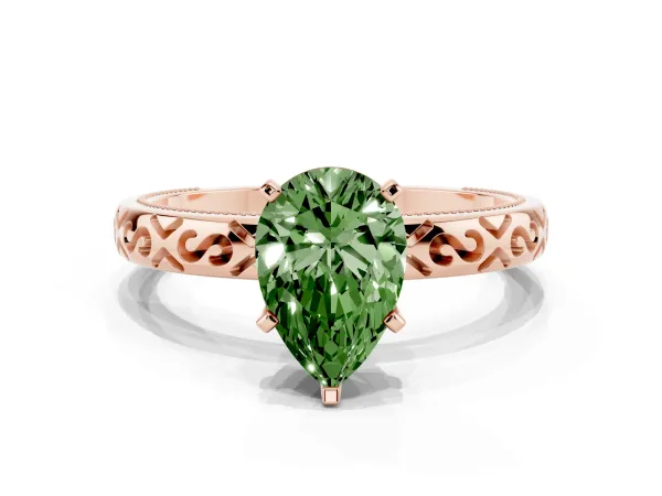 Fancy Green Pear Cut Solitaire Engagement Ring with Scrollwork Band and Four-Prong Setting Rose gold