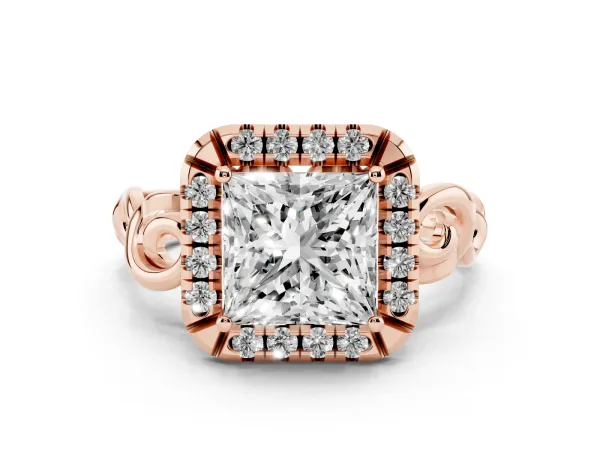 Princess Cut Cut Halo Diamond Ring with Scrollwork Band and Four-Prong Setting Rose gold