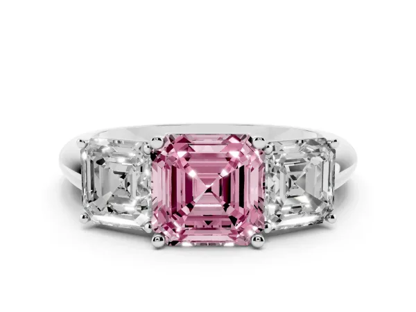 Fancy Pink Three-Stone Asscher Cut Cut Diamond Engagement Ring with Prong Setting on a White Gold Band White gold