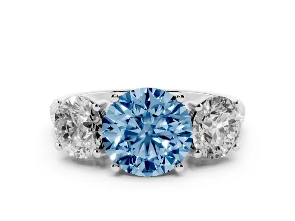 Fancy Blue Three-Stone Round Cut Diamond Ring with Round Pavé Band and Prong Setting Platinum