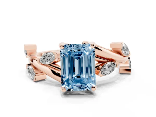 Fancy Blue Emerald Cut Solitaire Twisted Band Marquise Accent Prong Setting Ring Rose gold
