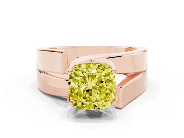 Fancy Yellow Modern Tension Set Cushion Cut Diamond Solitaire Wide Band Ring Rose gold