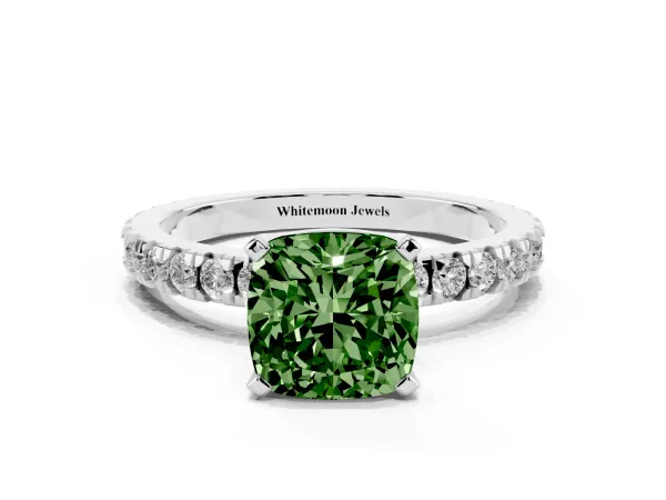 Fancy Green Cushion Cut Diamond Pavé Band Solitaire with Four-Prong Setting Platinum