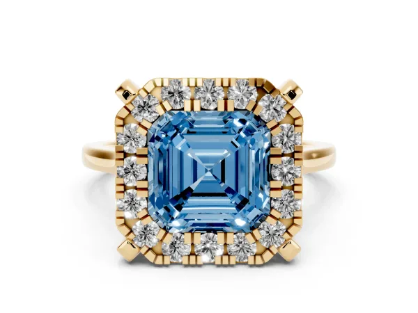 Fancy Blue Asscher Cut Diamond Cluster Halo Solitaire with Four-Prong Setting Yellow gold