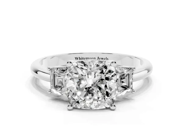 Cushion Cut Diamond Three-Stone Ring with Trapezoid Side Stones and Prong Setting Platinum