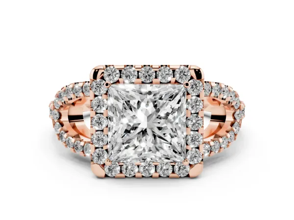 Princess Cut Cut Diamond Halo Engagement Ring with Open Split Pavé Band Rose gold