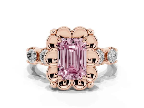 Fancy Pink Emerald Cut Cut Diamond Floral Halo Engagement Ring with Shared Prong Setting Rose gold