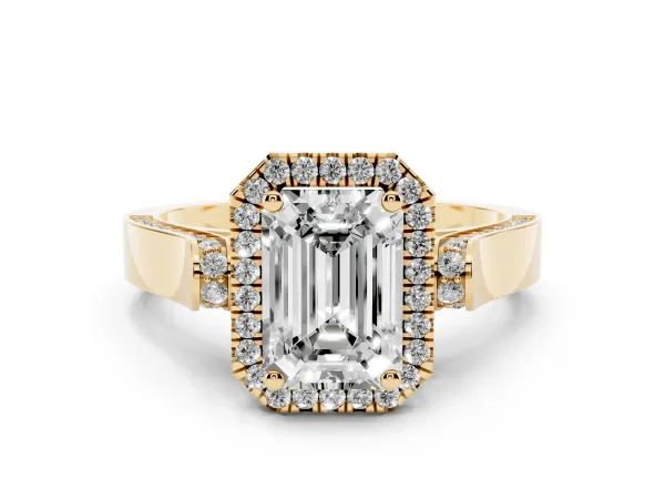 Emerald Cut Halo Pave Split Shank Prong Setting Ring Yellow gold