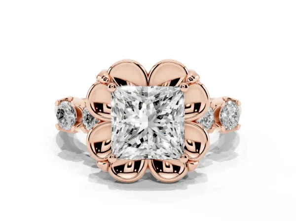 Princess Cut Cut Diamond Floral Halo Engagement Ring with Shared Prong Setting Rose gold