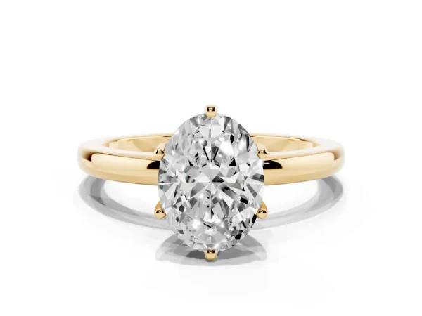 Oval Cut Solitaire Diamond Ring with Six-Prong Setting on a Classic Band Yellow gold