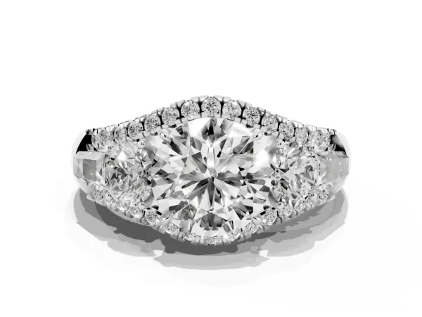 Three-Stone Round Cut Diamond Engagement Ring with Pave Band and Prong Setting White gold