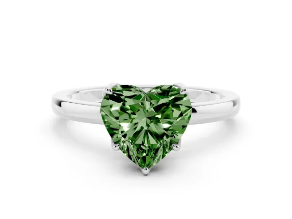 Fancy Green Heart Cut Diamond Solitaire Ring with Thin Band and Prong Setting Platinum