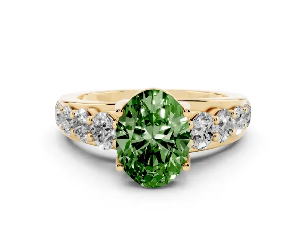 Fancy Green Oval Cut Diamond Engagement Ring with Pavé Band and Four-Prong Setting Yellow gold