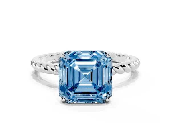 Fancy Blue Asscher Cut Solitaire Twist Band Ring with Four-Prong Setting Platinum