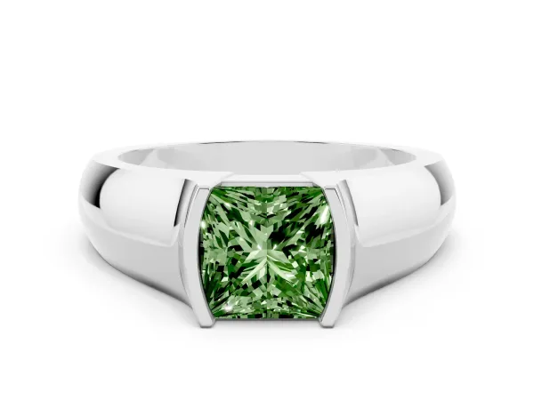 Fancy Green Princess Cut Solitaire Bezel Set Diamond Ring with Wide Band White gold