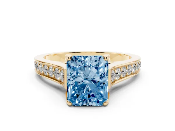 Fancy Blue Radiant Cut Brilliant Cut Diamond Engagement Ring with Pavé Band and Four-Prong Setting Yellow gold