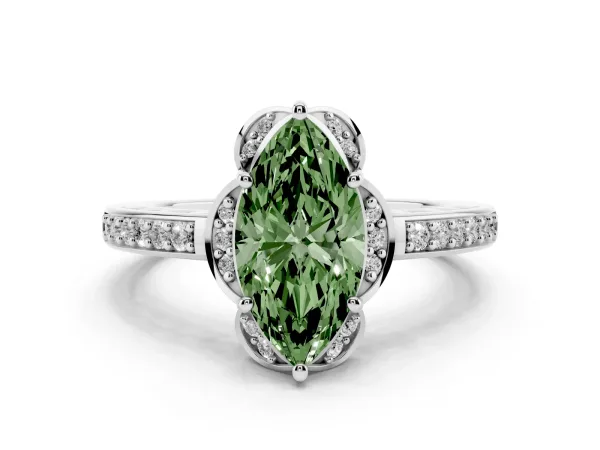 Fancy Green Marquise Cut Cut Halo Diamond Ring with Channel Set Band and Four-Prong Setting White gold