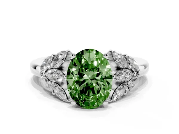 Fancy Green Oval Cut Diamond Cluster Leaf Design Ring with Prong Setting Platinum