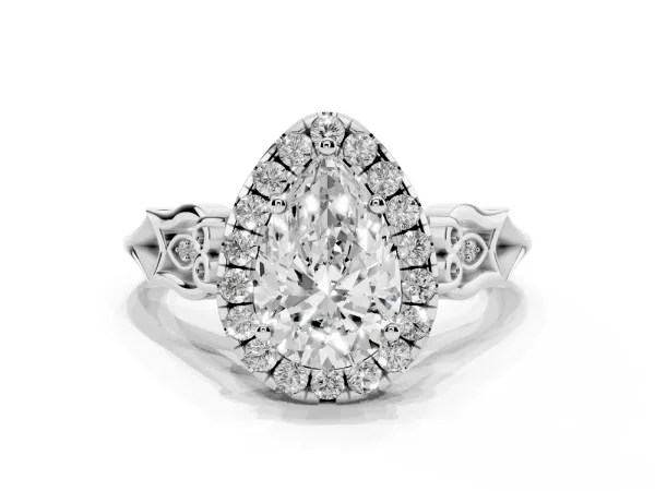 Pear Cut Halo Diamond Engagement Ring with Filigree Band and Four-Prong Setting White gold
