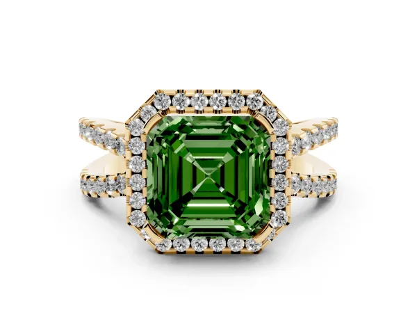 Fancy Green Asscher Cut Diamond Halo Ring with Split Shank Pavé Band and Prong Setting Yellow gold