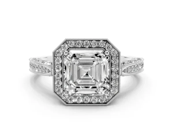 Asscher Cut Halo Diamond Engagement Ring with Split Shank Band and Four-Prong Setting Platinum