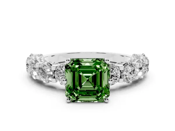 Fancy Green Asscher Cut Diamond Side Stone Engagement Ring with Four-Prong Setting Silver