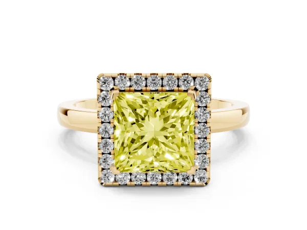 Fancy Yellow Princess Cut Halo Diamond Solitaire with Pavé Band and Four-Prong Setting Yellow gold