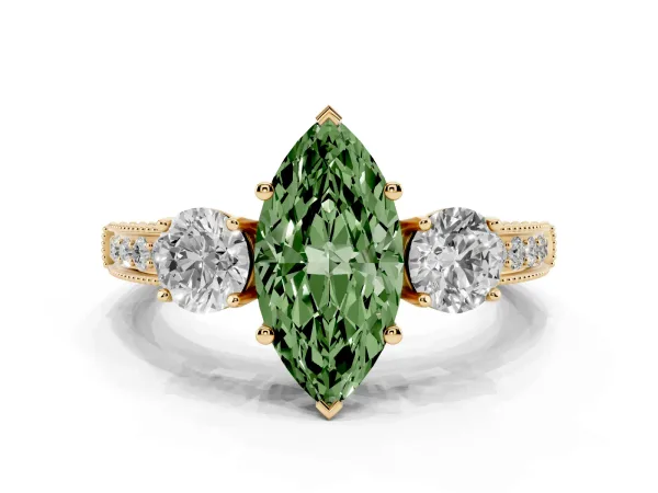 Fancy Green Marquise Cut Three-Stone Diamond Ring with Pavé Band and Four-Prong Setting Yellow gold