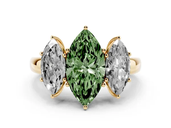 Fancy Green Marquise Cut Diamond Three-Stone Ring with Four-Prong Setting and Classic Band Yellow gold