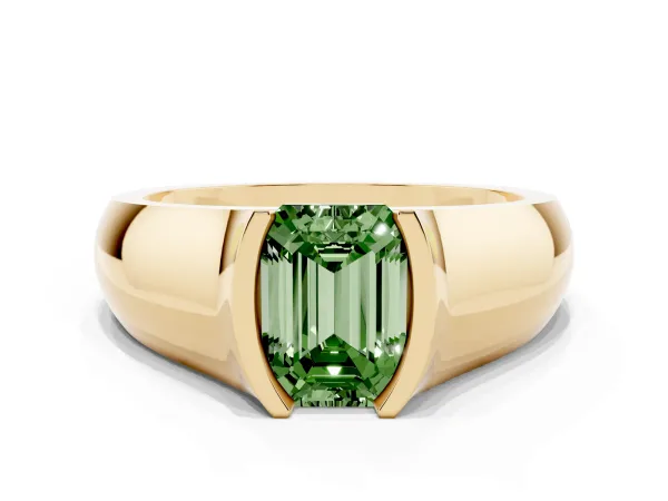 Fancy Green Emerald Cut Solitaire Bezel Set Diamond Ring with Wide Band Yellow gold