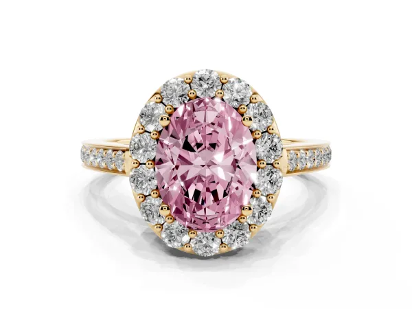 Fancy Pink Oval Cut Diamond Floral Halo Ring with Pavé Band and Prong Setting Yellow gold