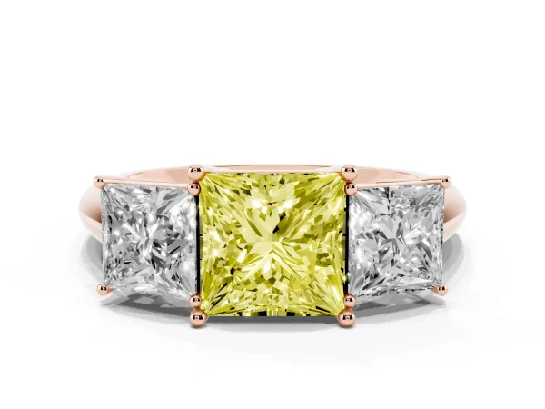 Fancy Yellow Three-Stone Princess Cut Cut Diamond Engagement Ring with Prong Setting on a White Gold Band Rose gold