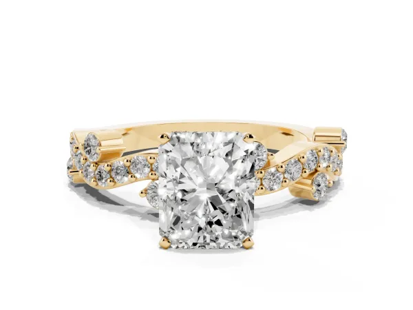 Radiant Cut Cut Solitaire Diamond Twisted Band with Pave Setting Yellow gold