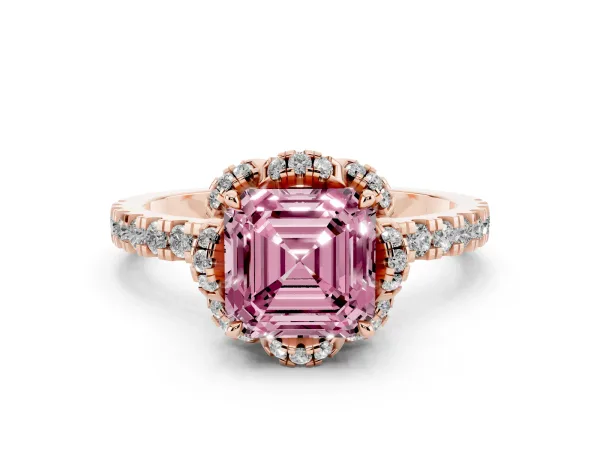 Fancy Pink Asscher Cut Halo Diamond Pave Band Ring with Four-Prong Setting Rose gold