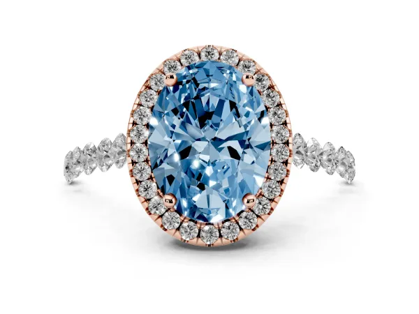 Fancy Blue Oval Cut Halo Pavé Diamond Engagement Ring with Four-Prong Setting Rose gold