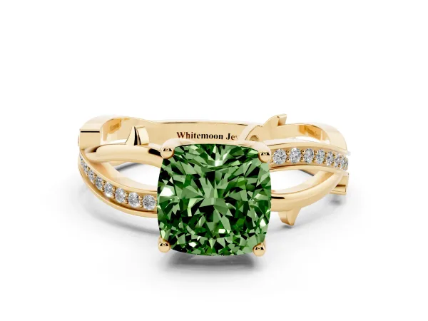 Fancy Green Cushion Cut Solitaire Twist Band with Pavé Accents and Four-Prong Setting Yellow gold