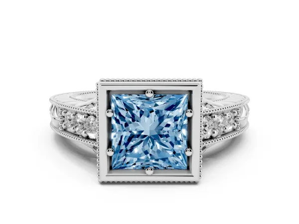 Fancy Blue Bezel Set Princess Cut Diamond Milgrain Pave Engagement Ring White gold