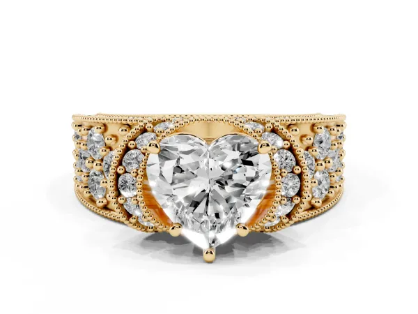 Heart Cut Halo Pave Diamond Engagement Ring with Milgrain Detailing Yellow gold