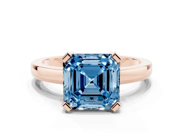 Fancy Blue Asscher Cut Cut Solitaire Ring with Four-Prong Setting and Classic Band Rose gold