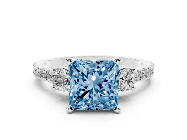 Fancy Blue Princess Cut Three-Stone Diamond Pavé Band with Prong Setting Platinum