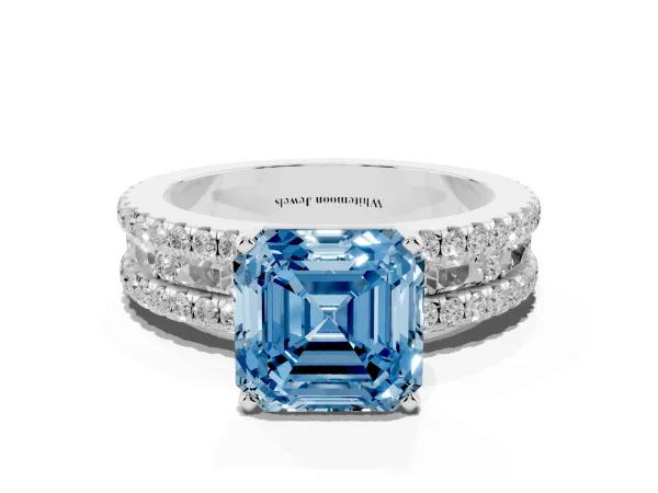 Fancy Blue Asscher Cut Diamond Solitaire Ring with Pavé and Channel Set Band White gold