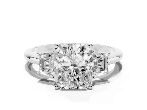 Radiant Cut Diamond Three-Stone Ring with Trapezoid Side Stones and Prong Setting Platinum